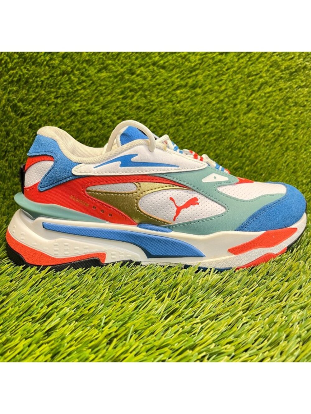 Puma RS-Fast Go Boys Size 5Y White Blue Red Gold Athletic Running Shoes Sneakers
